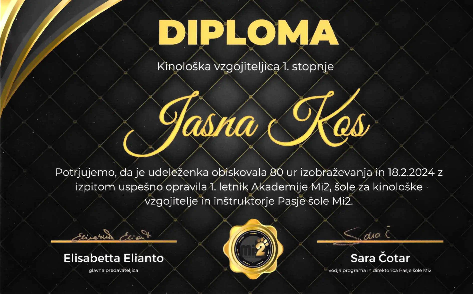 diploma Jasna Kos - Moder pes