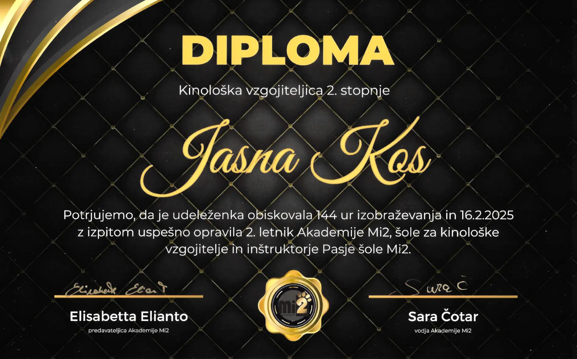 diploma Jasna Kos - Moder pes
